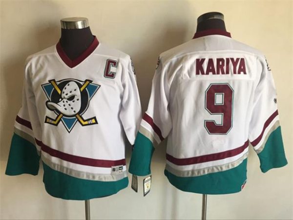 Boern-NHL-Anaheim-Ducks-Ishockey-Troeje-Retro-KARIYA-9-Hvid