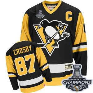 Boern-NHL-Pittsburgh-Penguins-Ishockey-Troeje-Sidney-Crosby-87-Authentic-Throwback-Sort-CCM-Stanley-Cup-Champions