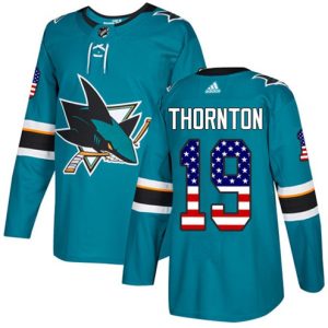 Boern-NHL-San-Jose-Sharks-Ishockey-Troeje-Joe-Thornton-19-Authentic-Teal-Groen-USA-Flag-Fashion