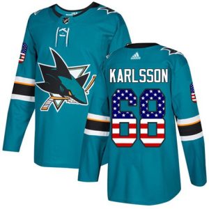 Boern-NHL-San-Jose-Sharks-Ishockey-Troeje-Melker-Karlsson-68-Authentic-Teal-Groen-USA-Flag-Fashion