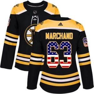 kvinder-NHL-Boston-Bruins-Ishockey-Troeje-Brad-Marchand-63-Sort-USA-Flag-Fashion-Authentic