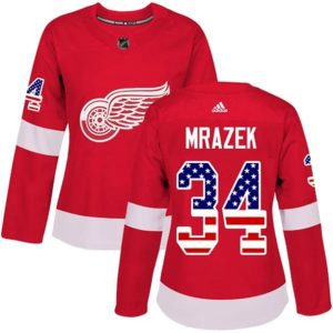kvinder-NHL-Detroit-Red-Wings-Ishockey-Troeje-Petr-Mrazek-34-Roed-USA-Flag-Fashion-Authentic