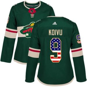kvinder-NHL-Minnesota-Wild-Ishockey-Troeje-Mikko-Koivu-9-Groen-USA-Flag-Fashion-Authentic