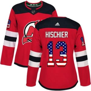 kvinder-NHL-New-Jersey-Devils-Ishockey-Troeje-Nico-Hischier-13-Roed-USA-Flag-Fashion-Authentic
