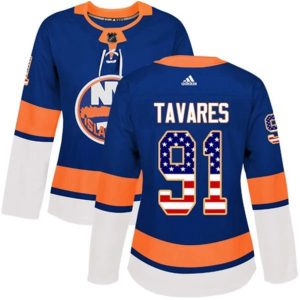 kvinder-NHL-New-York-Islanders-Ishockey-Troeje-John-Tavares-91-Blaa-USA-Flag-Fashion-Authentic