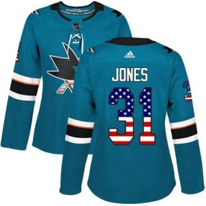 kvinder-NHL-San-Jose-Sharks-Ishockey-Troeje-Martin-Jones-31-Teal-USA-Flag-Fashion-Authentic