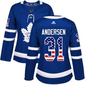 kvinder-NHL-Toronto-Maple-Leafs-Ishockey-Troeje-Frederik-Andersen-31-Blaa-USA-Flag-Fashion-Authentic