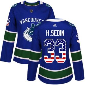 kvinder-NHL-Vancouver-Canucks-Ishockey-Troeje-Henrik-Sedin-33-Blaa-USA-Flag-Fashion-Authentic